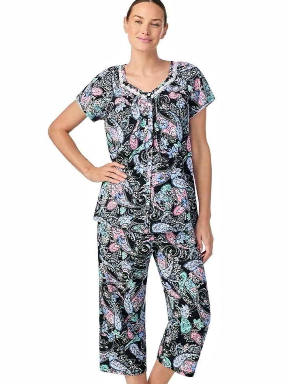 Aria Women's Short Sleeve 100% Cotton Cropped Pajama Set with Pockets Size S